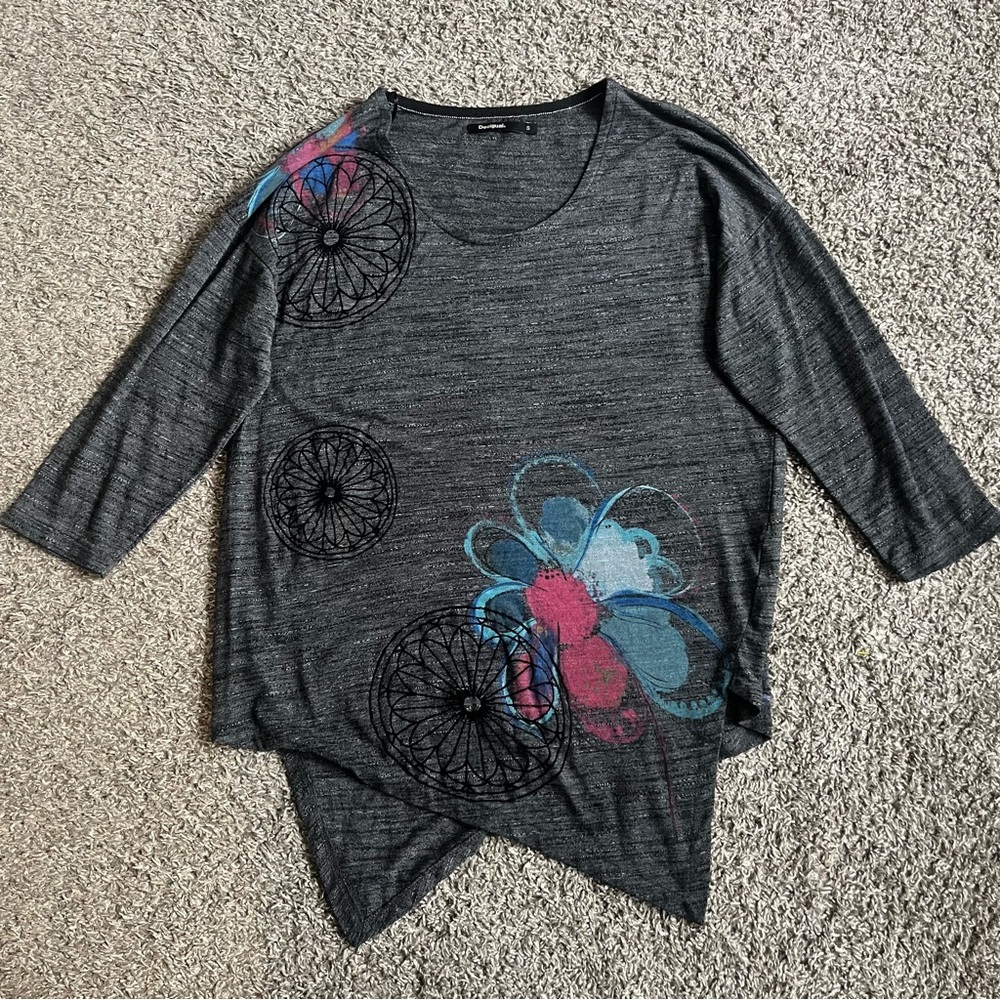 Desigual Women's 3/4 Sleeve Shirt Tunic Asymmetrical Geometric Floral Gray S